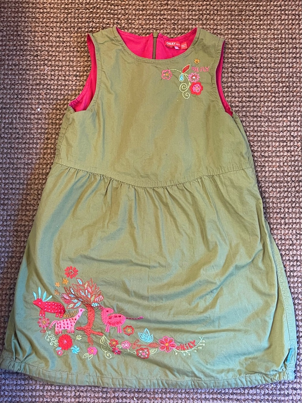 Oilily Olive Green Embroidered Sleeveless Dress with Pink Lining sz 122/7 yr